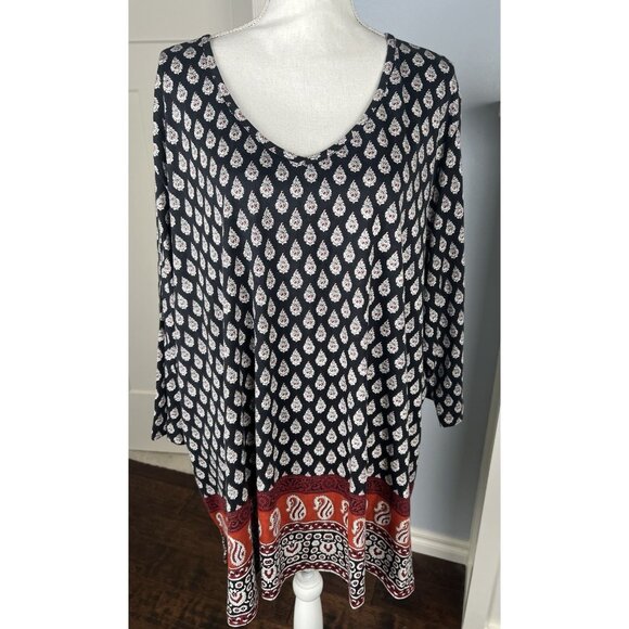 Ulla Popken Tunic Top Sz 28/30 Black Rust Print Knit Long Line Bohemian Peasant - Picture 1 of 10